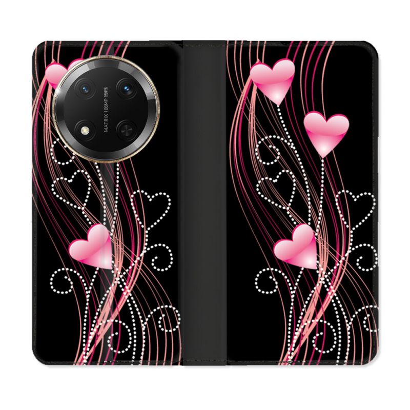 Housse cuir portefeuille Pour Honor Magic 7 Lite 5G Amour Coeur Rose Montant sur Noir