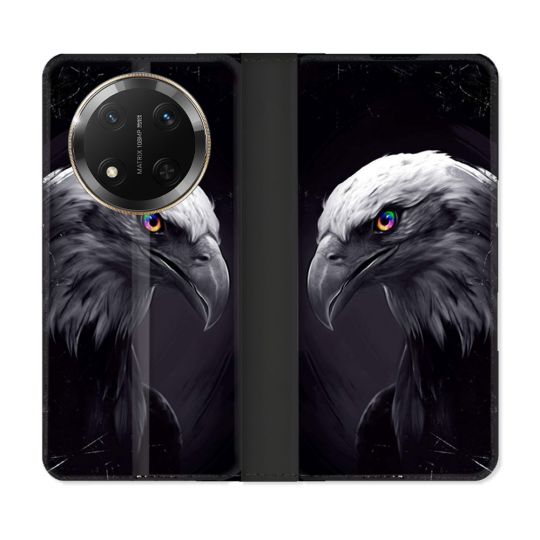 Housse cuir portefeuille Pour Honor Magic 7 Lite 5G Animal Aigle Royal Noir