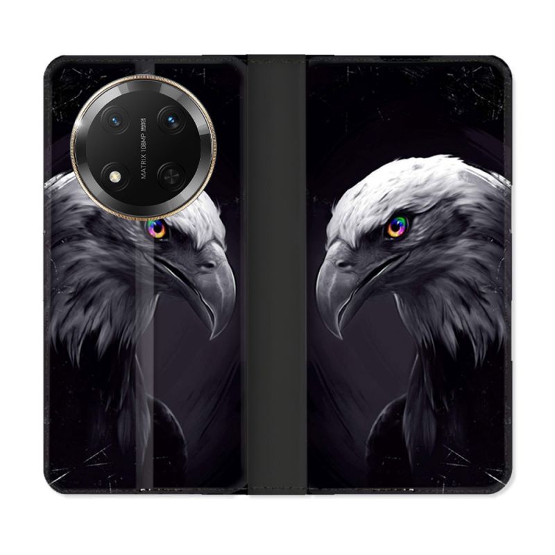 Housse cuir portefeuille Pour Honor Magic 7 Lite 5G Animal Aigle Royal Noir