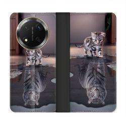 Housse cuir portefeuille Pour Honor Magic 7 Lite 5G Animal Chat Reflet