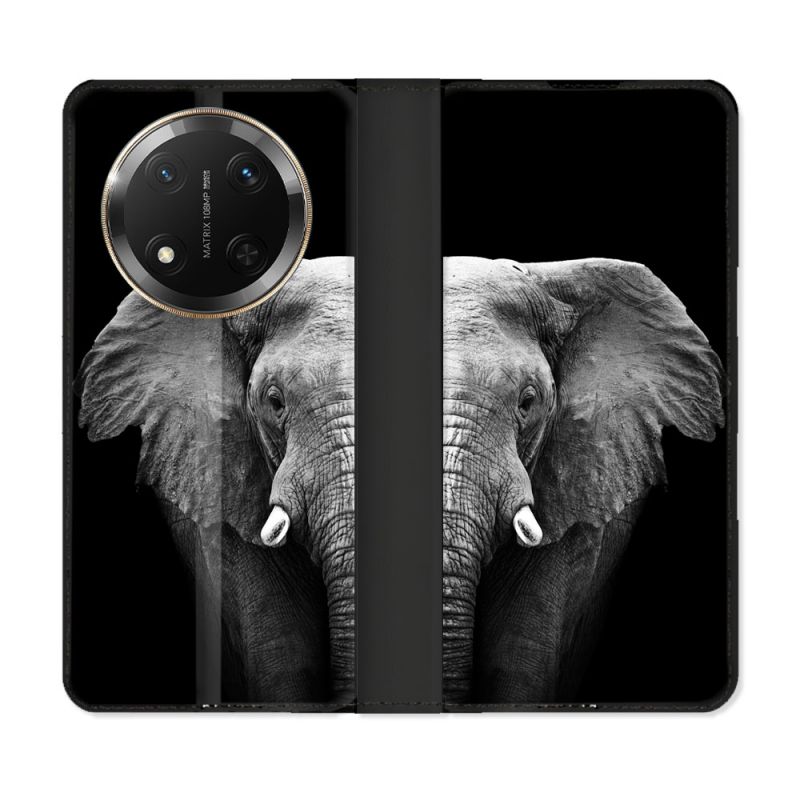 Housse cuir portefeuille Pour Honor Magic 7 Lite 5G Animal Elephant Noir