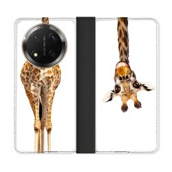 Housse cuir portefeuille Pour Honor Magic 7 Lite 5G Animal Girafe Blanche
