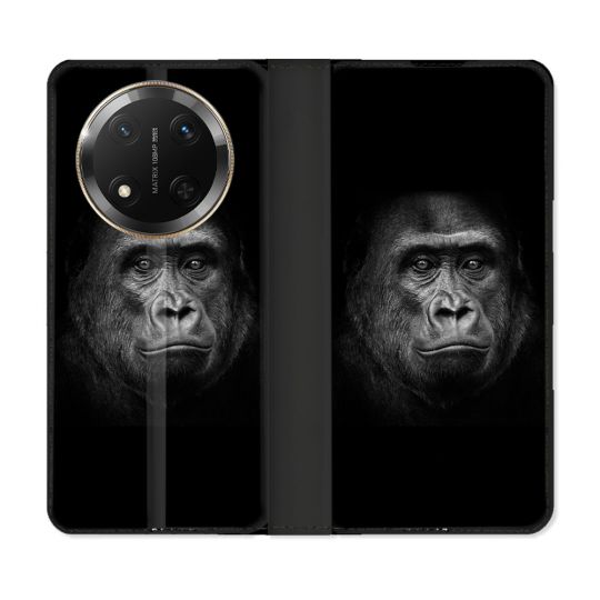 Housse cuir portefeuille Pour Honor Magic 7 Lite 5G Animal Gorille Noir