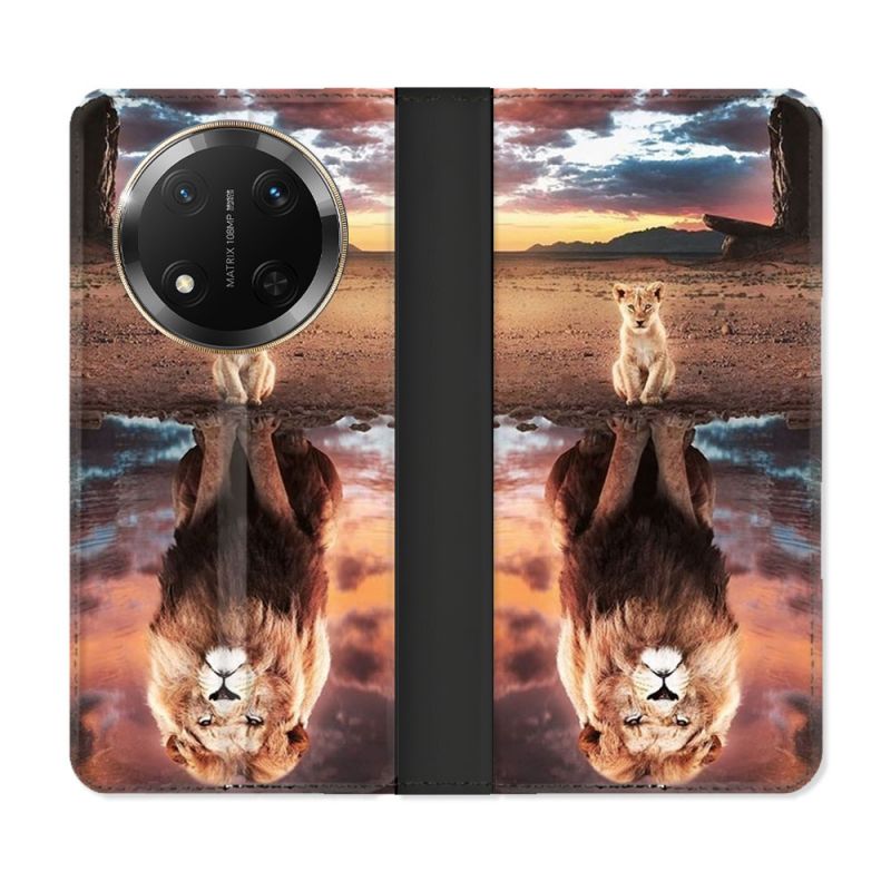 Housse cuir portefeuille Pour Honor Magic 7 Lite 5G Animal Lion Reflet