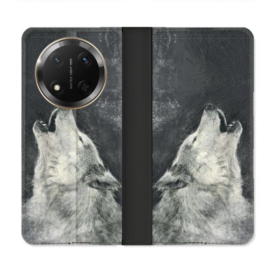 Housse cuir portefeuille Pour Honor Magic 7 Lite 5G Animal Loup Hurlement