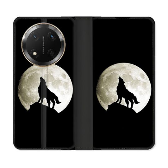 Housse cuir portefeuille Pour Honor Magic 7 Lite 5G Animal Loup Noir