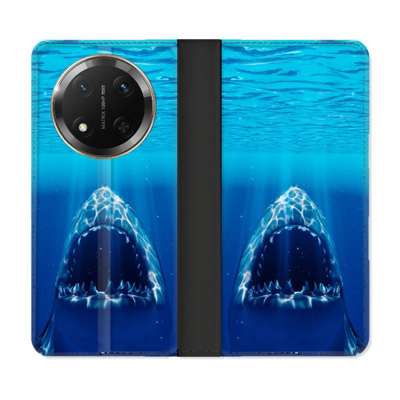 Housse cuir portefeuille Pour Honor Magic 7 Lite 5G Animal Requin Dent