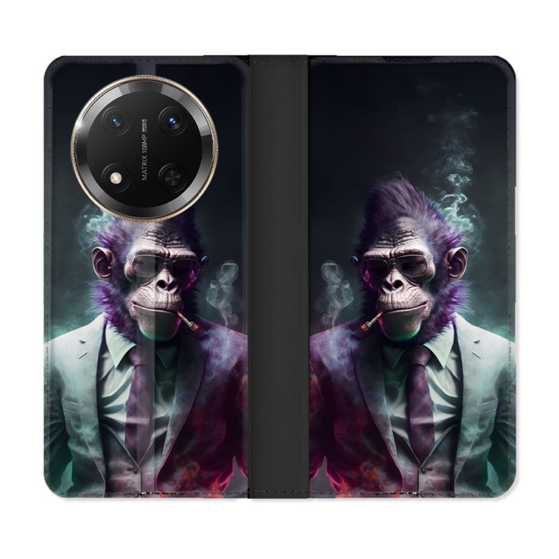 Housse cuir portefeuille Pour Honor Magic 7 Lite 5G Animal Singe Business