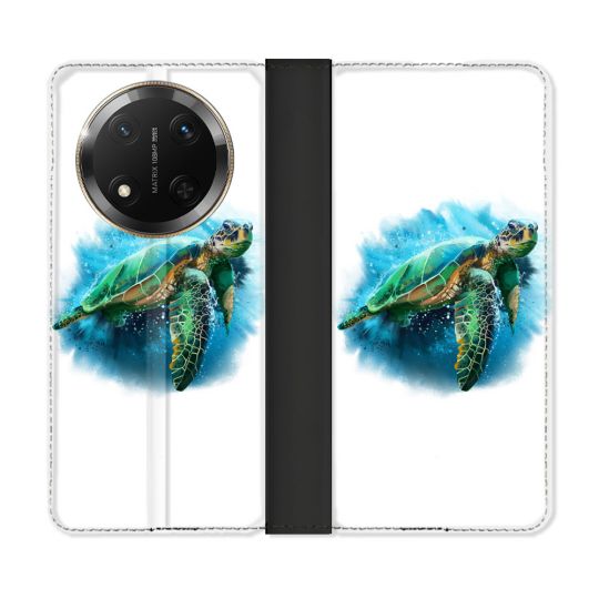 Housse cuir portefeuille Pour Honor Magic 7 Lite 5G Animal Tortue Blanche multicolore