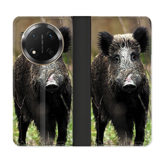 Housse cuir portefeuille Pour Honor Magic 7 Lite 5G Chasse Sanglier bois