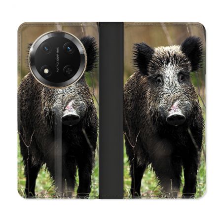 Housse cuir portefeuille Pour Honor Magic 7 Lite 5G Chasse Sanglier bois