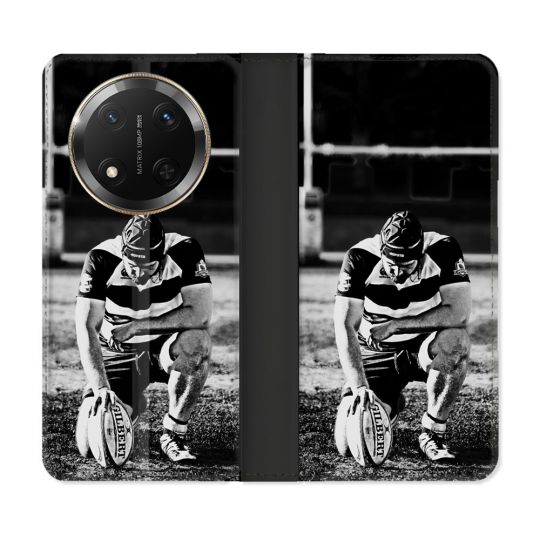 Housse cuir portefeuille Pour Honor Magic 7 Lite 5G Sport Rugby Noir Blanc