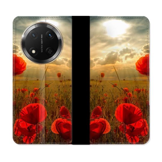 Housse cuir portefeuille Pour Honor Magic 7 Lite 5G Fleur Coquelicot