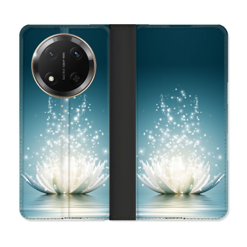 Housse cuir portefeuille Pour Honor Magic 7 Lite 5G Fleur Lotus Blanc