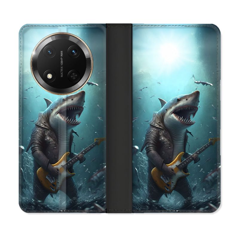 Housse cuir portefeuille Pour Honor Magic 7 Lite 5G Musique Rock Requin