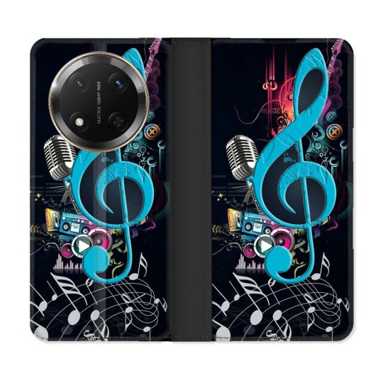 Housse cuir portefeuille Pour Honor Magic 7 Lite 5G Musique Cle Sol Bleu