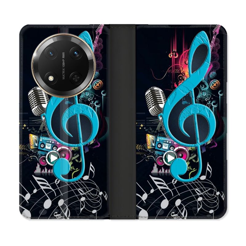 Housse cuir portefeuille Pour Honor Magic 7 Lite 5G Musique Cle Sol Bleu