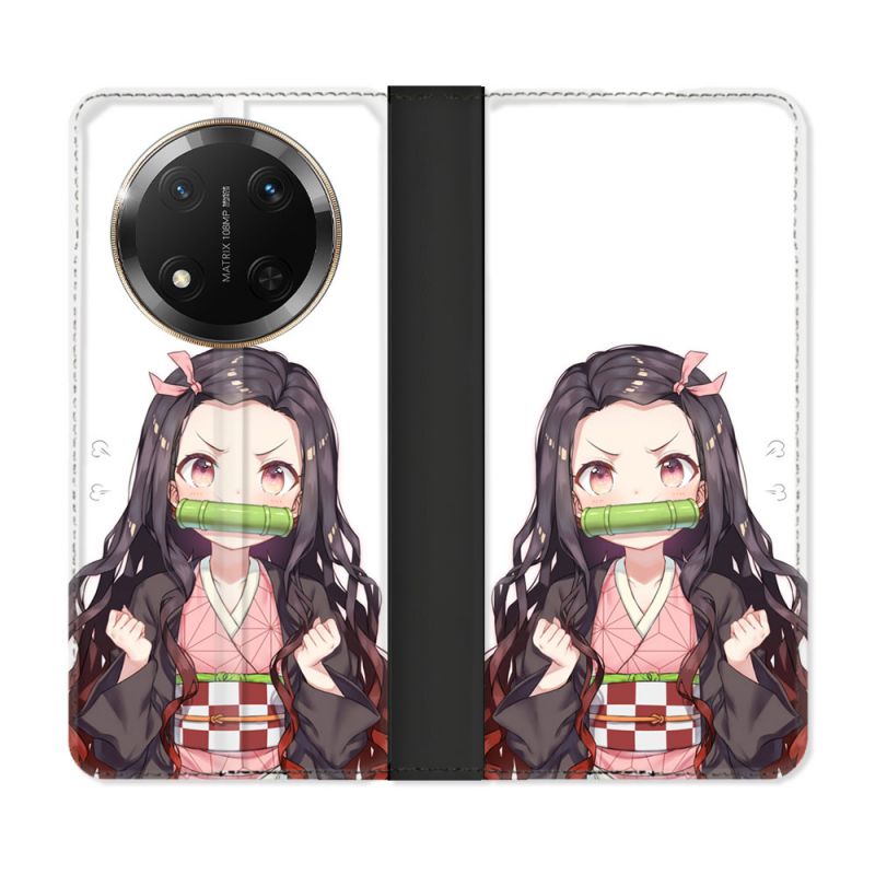 Housse cuir portefeuille Pour Honor Magic 7 Lite 5G Manga Demon Slayer Nezuko