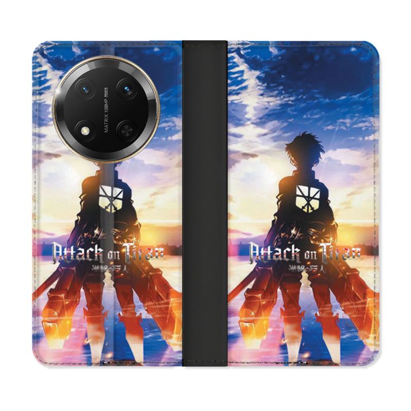 Housse cuir portefeuille Pour Honor Magic 7 Lite 5G Manga Attaque Titans Soleil