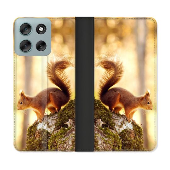 Housse cuir portefeuille Pour Motorola G56 5G Animal Ecureuil Bois