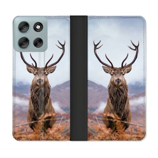 Housse cuir portefeuille Pour Motorola G56 5G Chasse Chevreuil Montagne