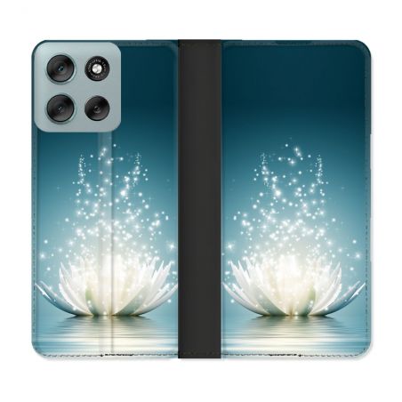 Housse cuir portefeuille Pour Motorola G56 5G Fleur Lotus Blanc