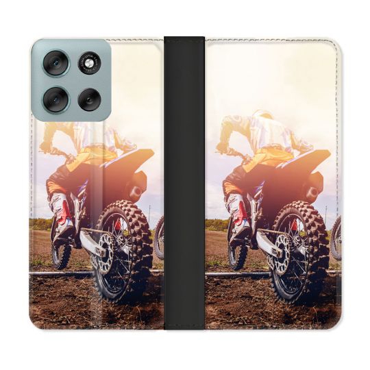 Housse cuir portefeuille Pour Motorola G56 5G Moto Cross Soleil