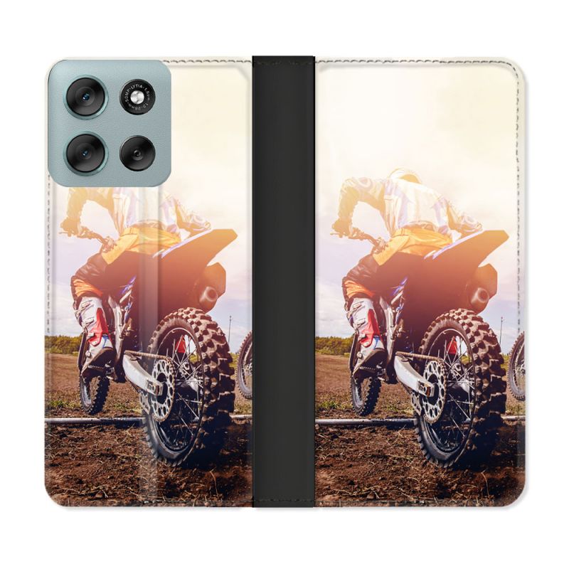 Housse cuir portefeuille Pour Motorola G56 5G Moto Cross Soleil