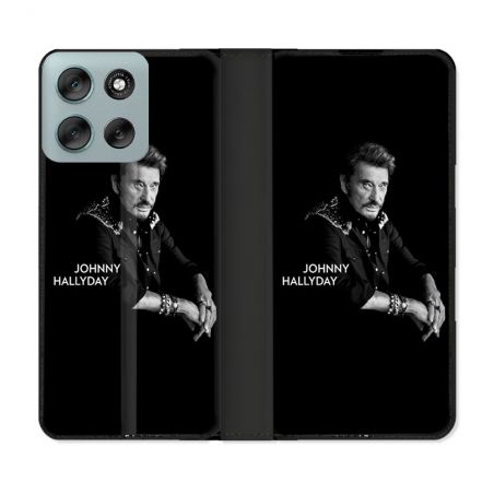Housse cuir portefeuille Pour Motorola G56 5G Musique Johnny Hallyday Noir