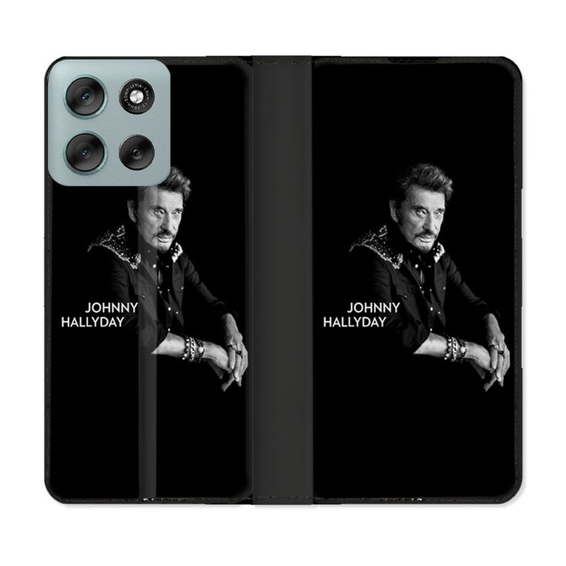 Housse cuir portefeuille Pour Motorola G56 5G Musique Johnny Hallyday Noir