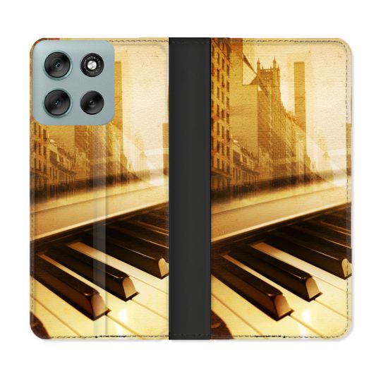Housse cuir portefeuille Pour Motorola G56 5G Musique Piano Retro
