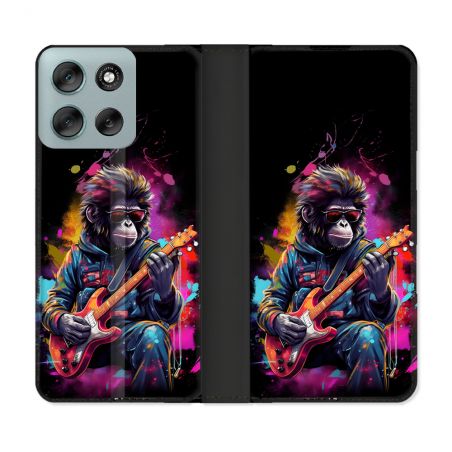 Housse cuir portefeuille Pour Motorola G56 5G Musique Rock Singe