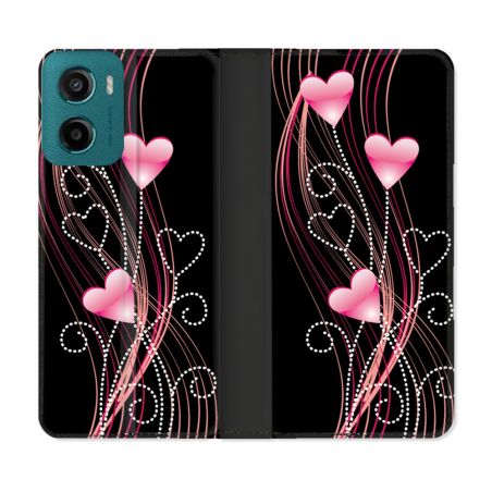 Housse cuir portefeuille Pour Motorola G05 / E15 Amour Coeur Rose Montant sur Noir