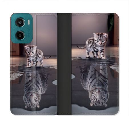 Housse cuir portefeuille Pour Motorola G05 / E15 Animal Chat Reflet