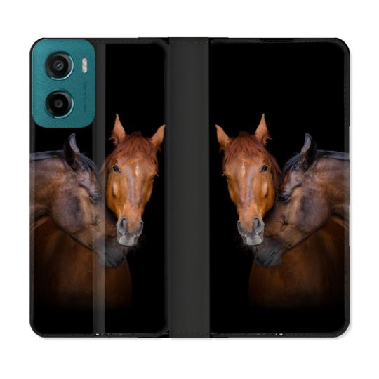 Housse cuir portefeuille Pour Motorola G05 / E15 Animal Cheval Marron