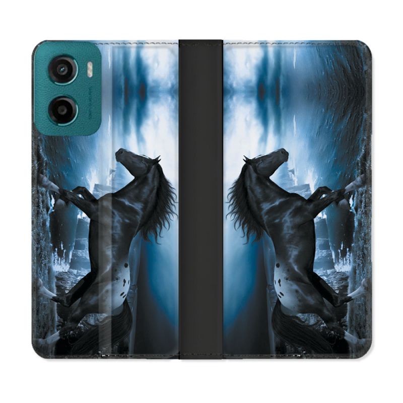 Housse cuir portefeuille Pour Motorola G05 / E15 Animal Cheval Noir