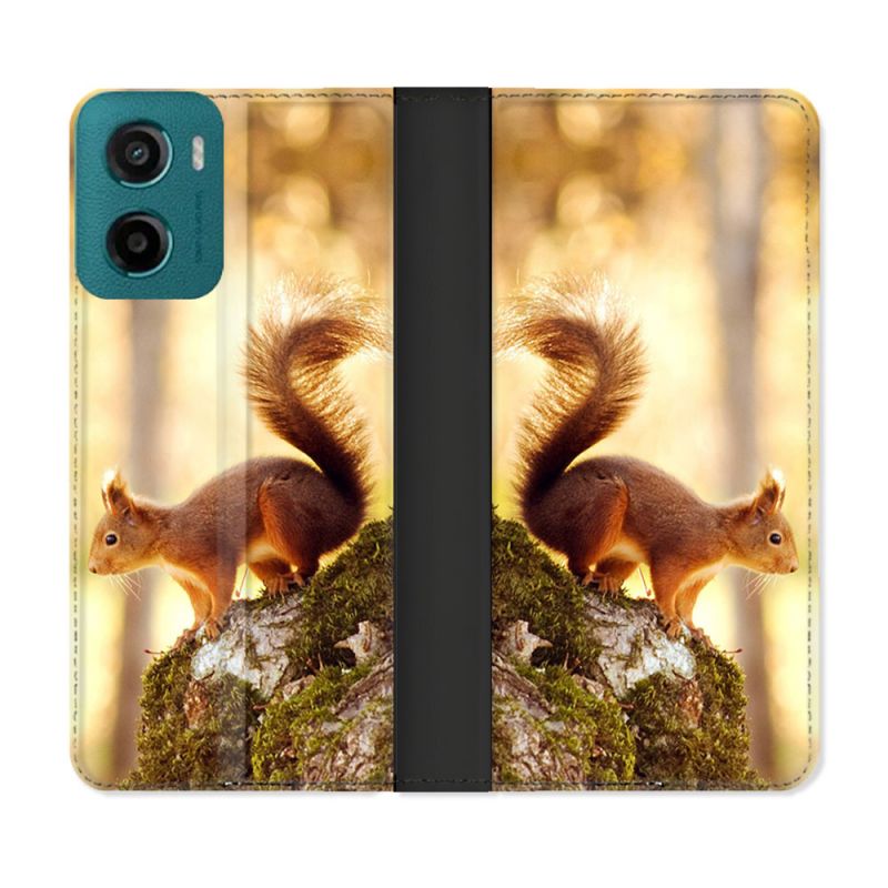 Housse cuir portefeuille Pour Motorola G05 / E15 Animal Ecureuil Bois