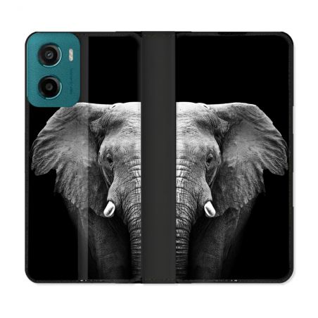Housse cuir portefeuille Pour Motorola G05 / E15 Animal Elephant Noir