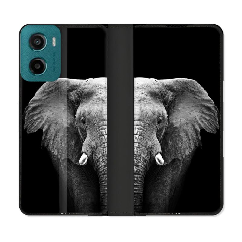 Housse cuir portefeuille Pour Motorola G05 / E15 Animal Elephant Noir