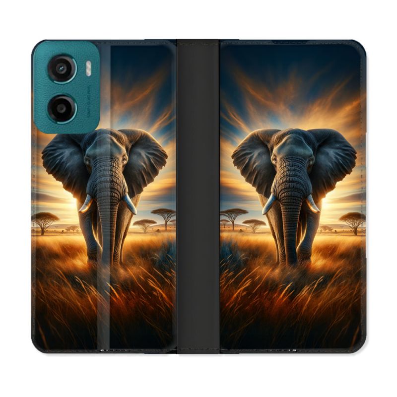 Housse cuir portefeuille Pour Motorola G05 / E15 Animal Elephant Savane