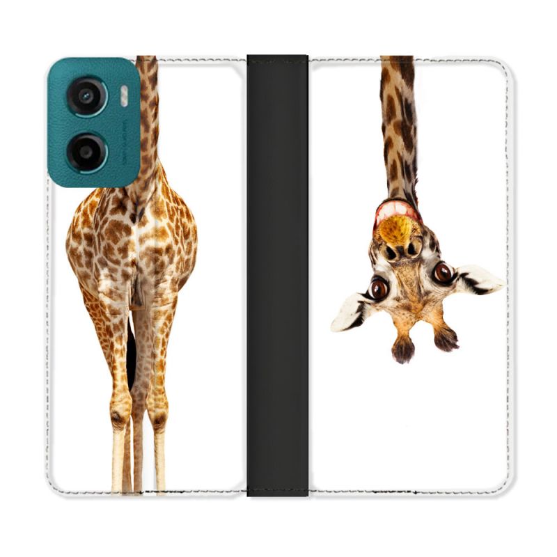 Housse cuir portefeuille Pour Motorola G05 / E15 Animal Girafe Blanche