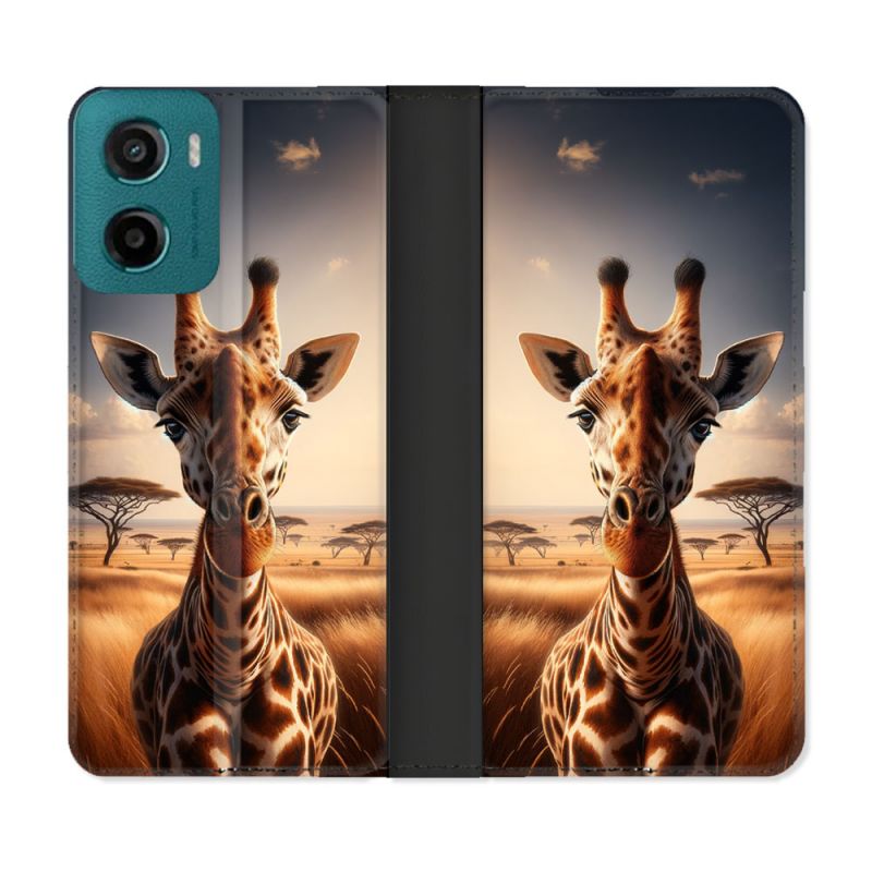 Housse cuir portefeuille Pour Motorola G05 / E15 Animal Girafe Savane