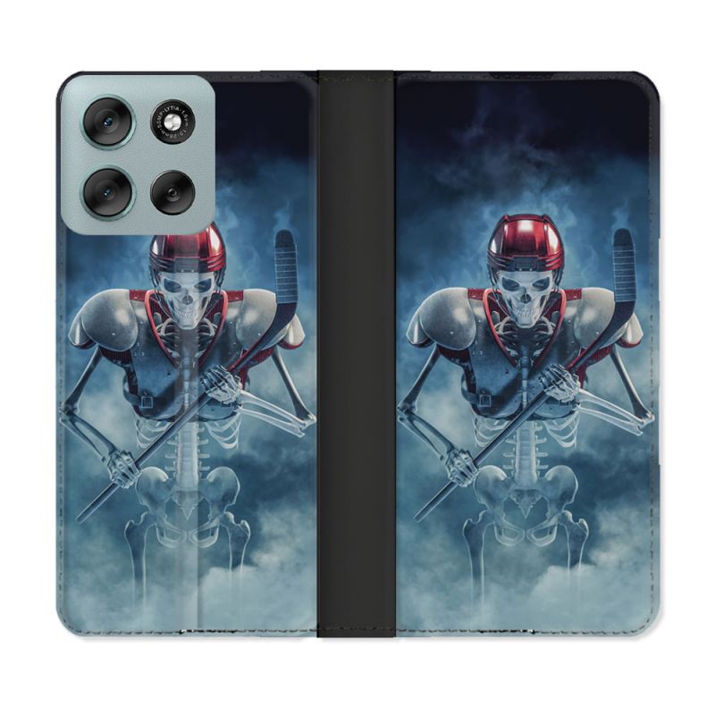 Housse cuir portefeuille Pour Motorola G56 5G Sport Hockey Squelette