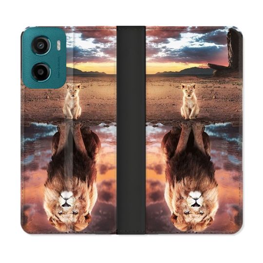 Housse cuir portefeuille Pour Motorola G05 / E15 Animal Lion Reflet