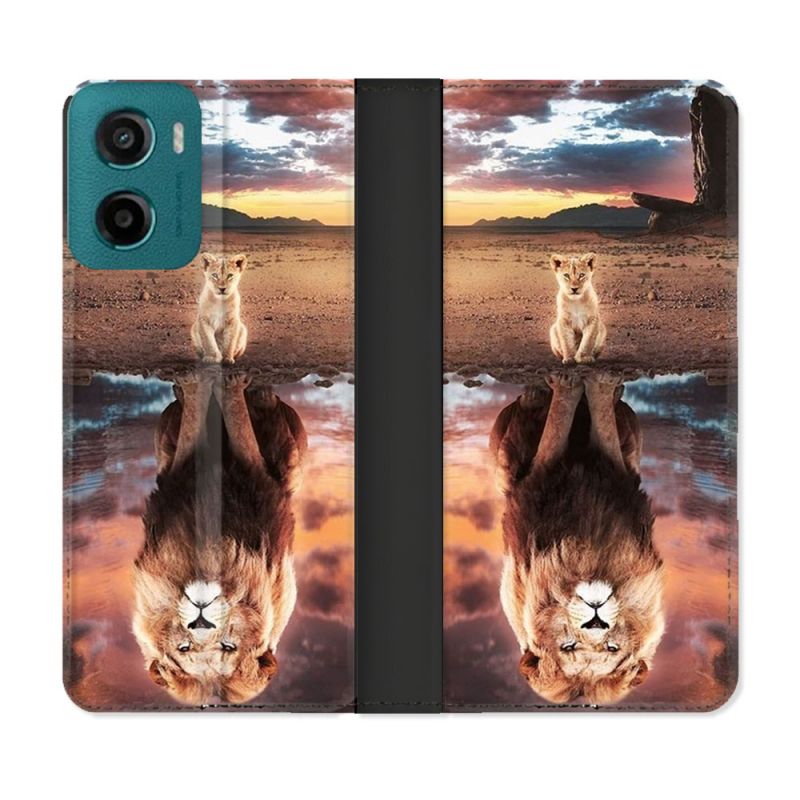 Housse cuir portefeuille Pour Motorola G05 / E15 Animal Lion Reflet
