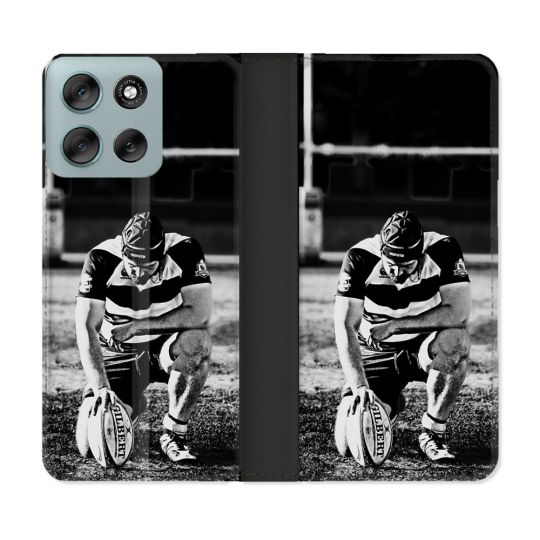 Housse cuir portefeuille Pour Motorola G56 5G Sport Rugby Noir Blanc