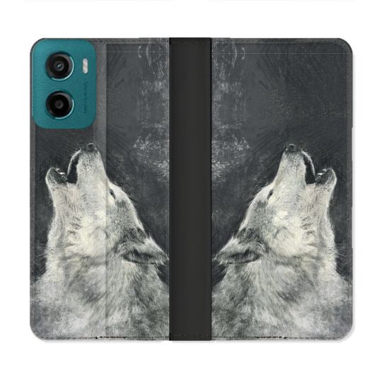Housse cuir portefeuille Pour Motorola G05 / E15 Animal Loup Hurlement