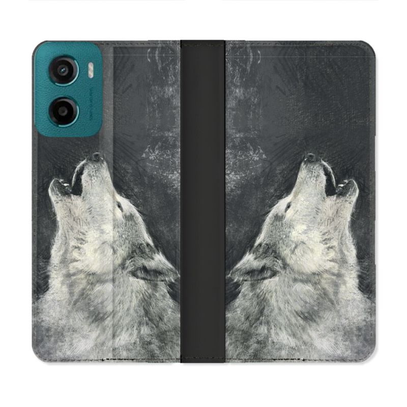 Housse cuir portefeuille Pour Motorola G05 / E15 Animal Loup Hurlement