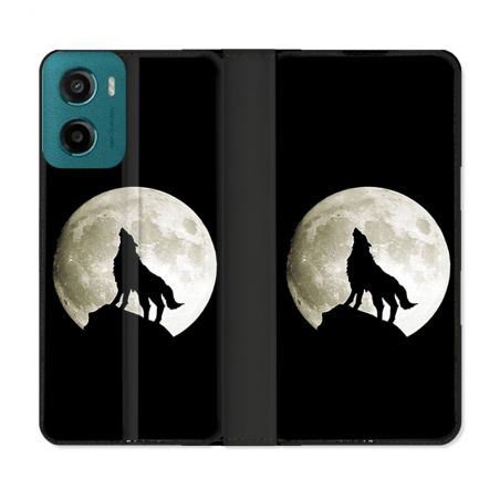 Housse cuir portefeuille Pour Motorola G05 / E15 Animal Loup Noir