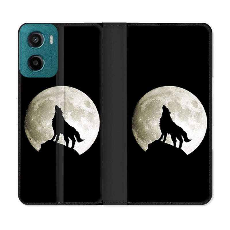 Housse cuir portefeuille Pour Motorola G05 / E15 Animal Loup Noir
